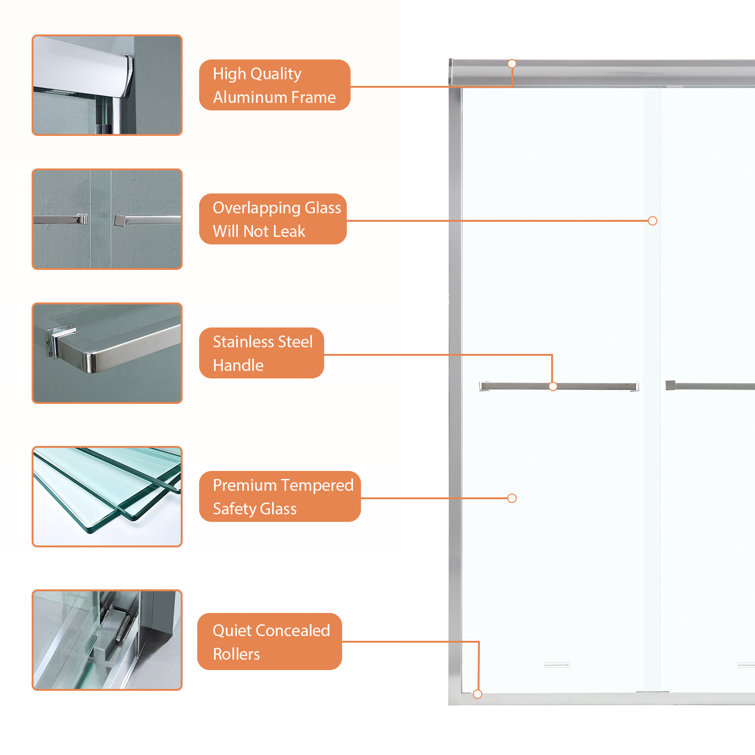 48" W x 76" H Frameless Double Sliding Shower Door with Tempered Glass