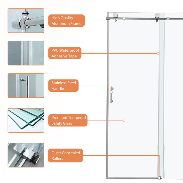 48" W x 76" H Frameless Double Sliding Shower Door with Tempered Glass