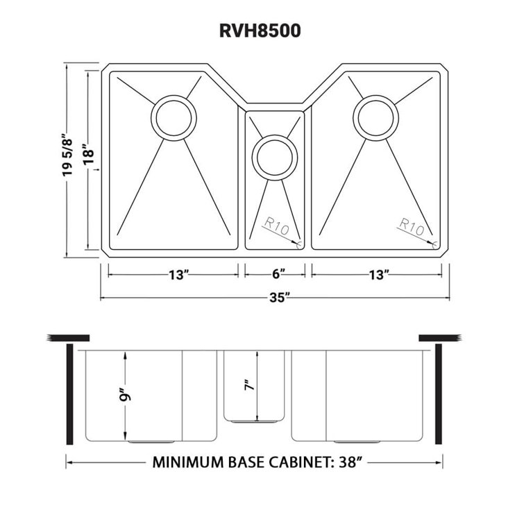 Ruvati 35" Triple Bowl Satin Stainless Steel Undermount Kitchen Sink