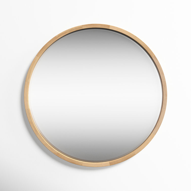 Natural Poplar Wood Round Wall Mirror with Beveled Glass