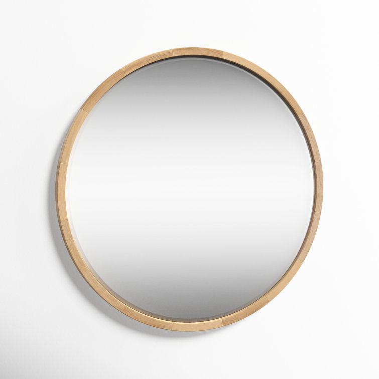 Natural Poplar Wood Round Wall Mirror with Beveled Glass