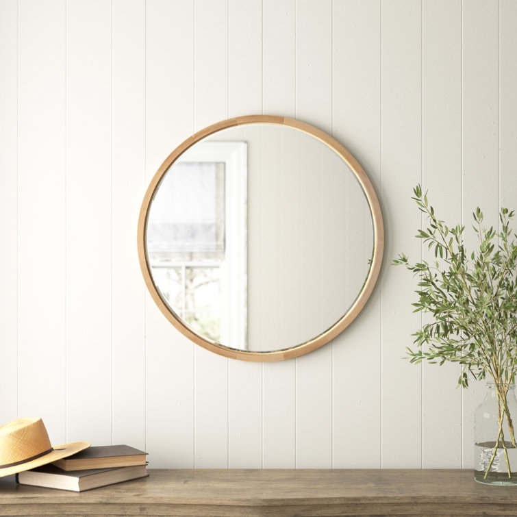 Natural Poplar Wood Round Wall Mirror with Beveled Glass
