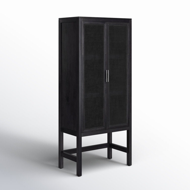Black Solid Mango and Cane Narrow Cabinet with Adjustable Shelving