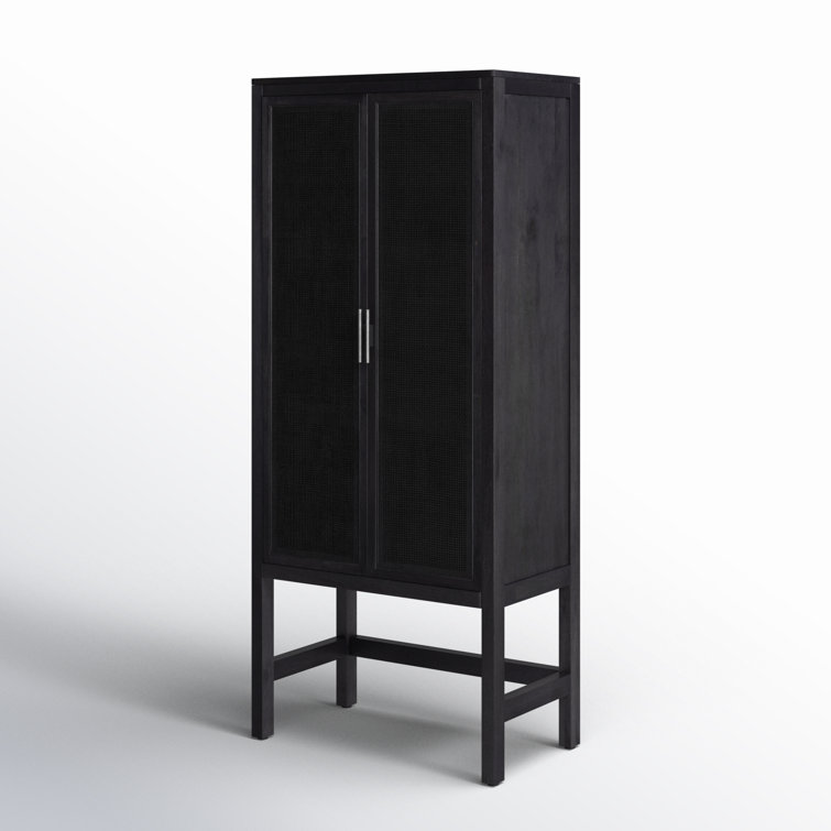 Black Solid Mango and Cane Narrow Cabinet with Adjustable Shelving