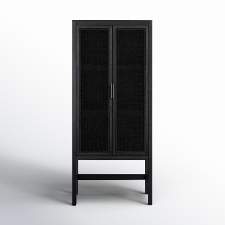 Black Solid Mango and Cane Narrow Cabinet with Adjustable Shelving