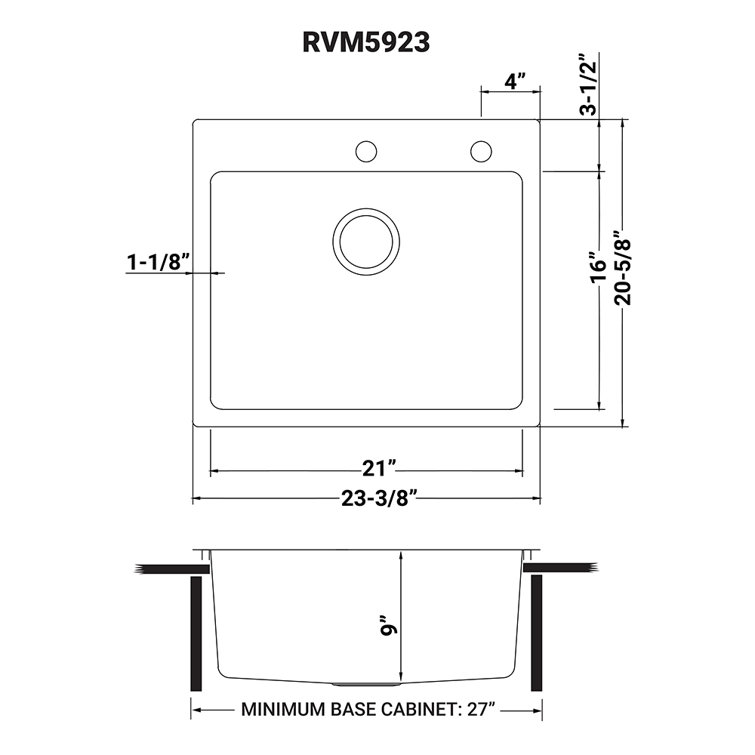 23 x 20 Inch Stainless Steel Drop-In Single Bowl Kitchen Sink