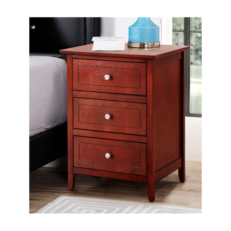 Cherry Wood 3-Drawer Nightstand with Nickel Hardware