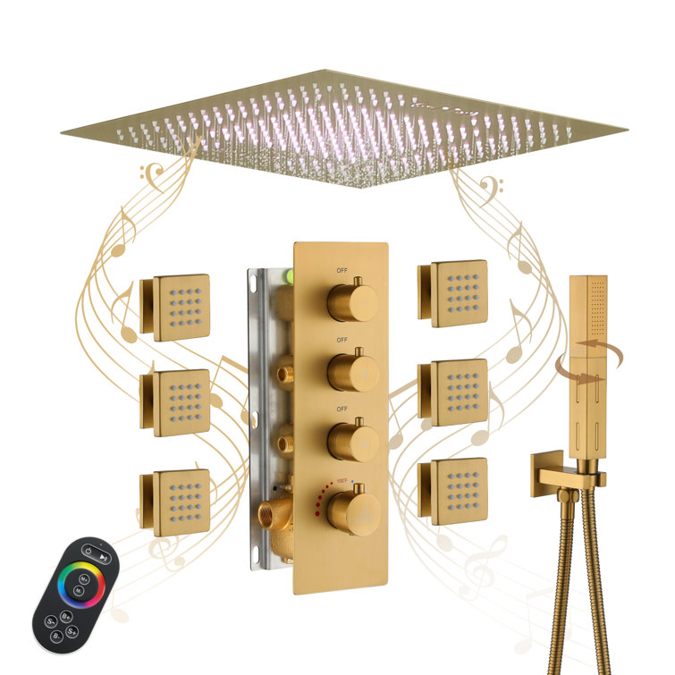Brushed Gold Large LED Rainfall Shower System with Handheld and Music