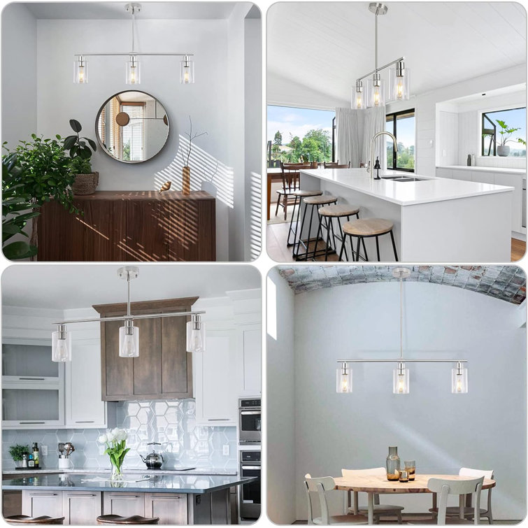 Brushed Nickel 3-Light Kitchen Island Chandelier with Glass Shades