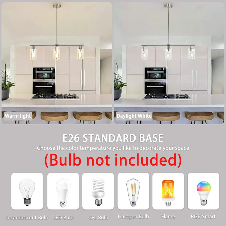 Brushed Nickel 3-Light Kitchen Island Chandelier with Glass Shades