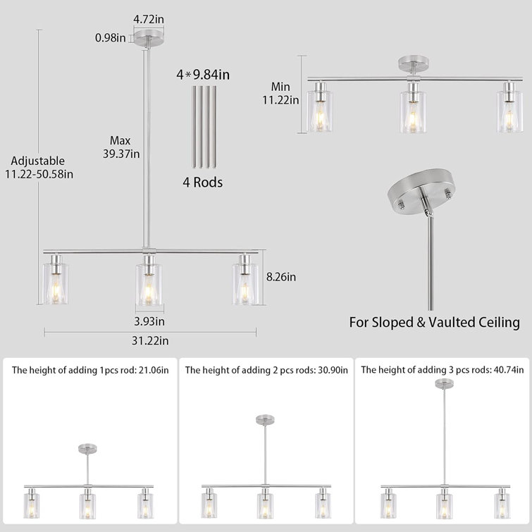 Brushed Nickel 3-Light Kitchen Island Chandelier with Glass Shades
