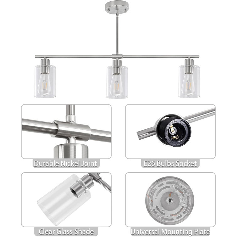 Brushed Nickel 3-Light Kitchen Island Chandelier with Glass Shades