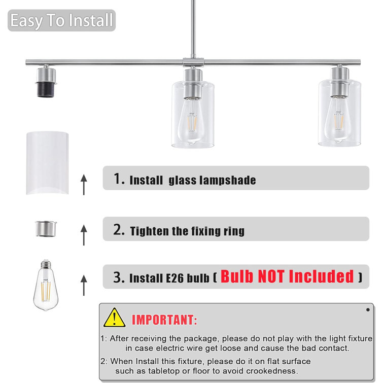 Brushed Nickel 3-Light Kitchen Island Chandelier with Glass Shades