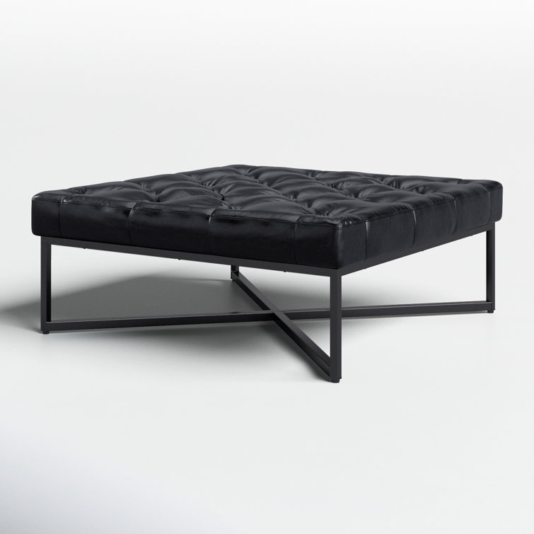 Somerton Tufted Black Leather Ottoman with Pine X-Base