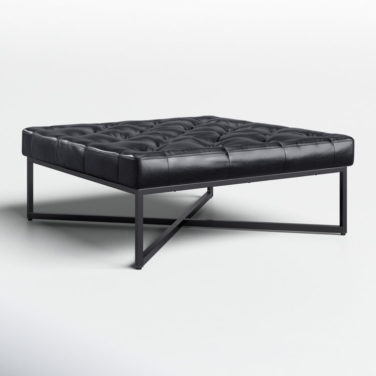 Somerton Tufted Black Leather Ottoman with Pine X-Base