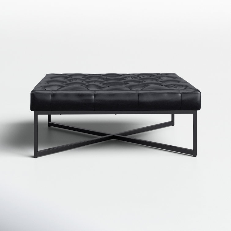 Somerton Tufted Black Leather Ottoman with Pine X-Base