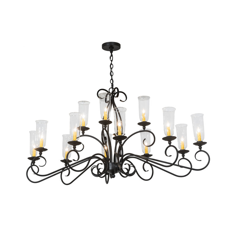 Black and Clear Glass 14-Light Scroll Arm Chandelier