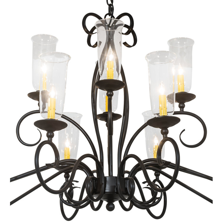 Black and Clear Glass 14-Light Scroll Arm Chandelier