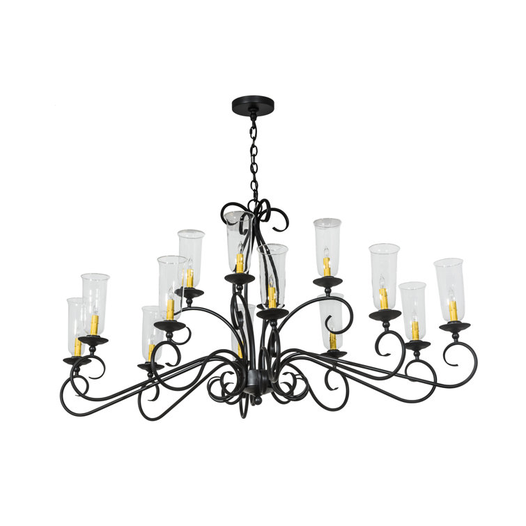 Black and Clear Glass 14-Light Scroll Arm Chandelier