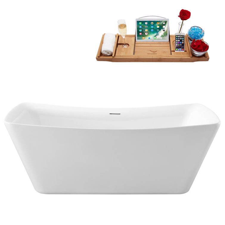 62'' White Freestanding Acrylic Bathtub with Bamboo Tray