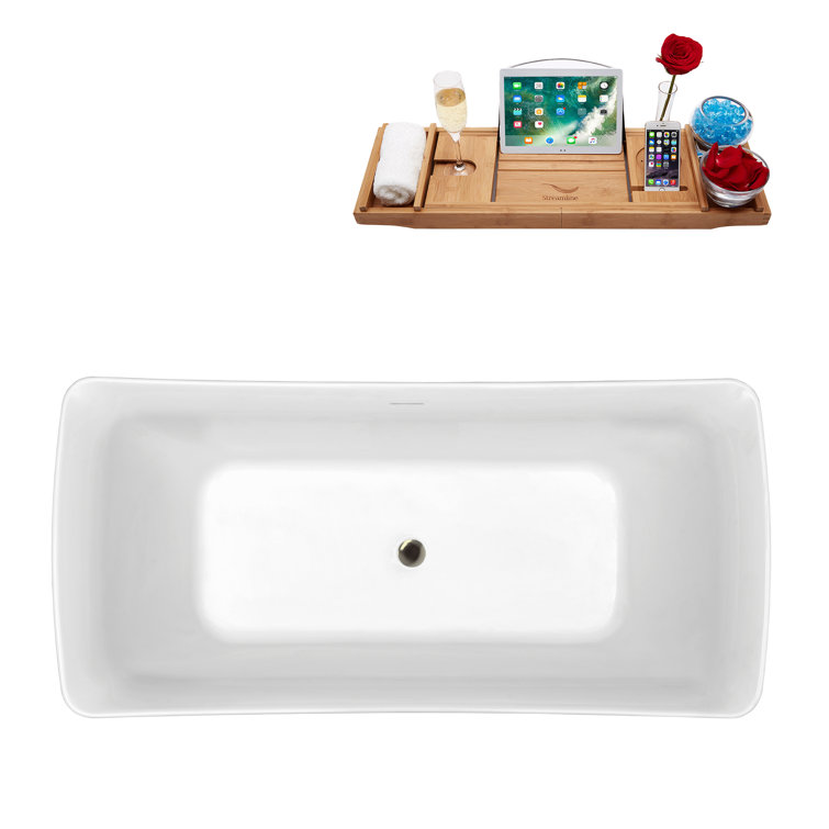 62'' White Freestanding Acrylic Bathtub with Bamboo Tray
