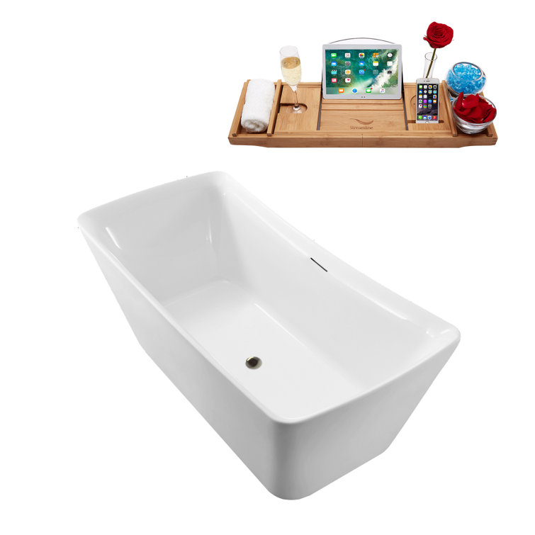 62'' White Freestanding Acrylic Bathtub with Bamboo Tray