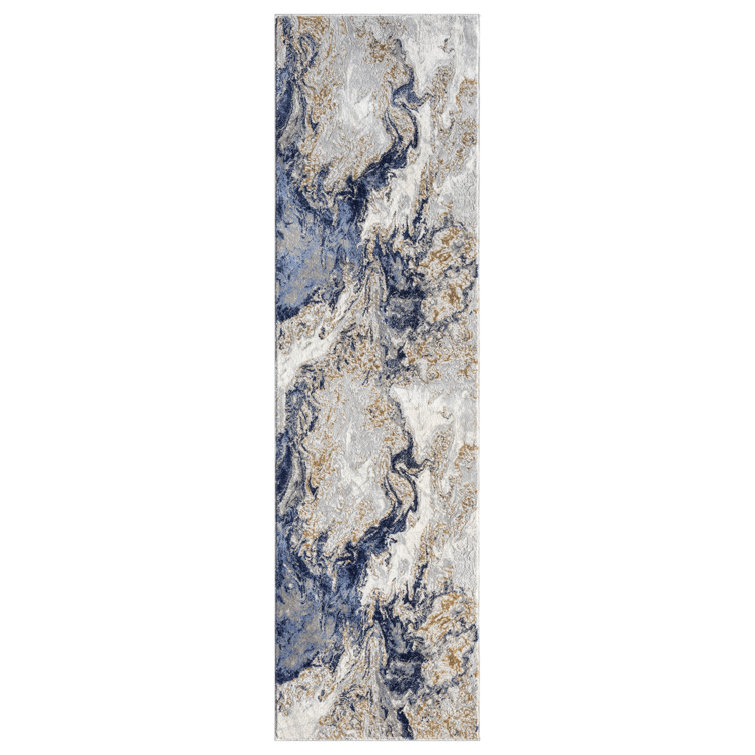 Blue Abstract Synthetic Stain-Resistant Area Rug, 2x7