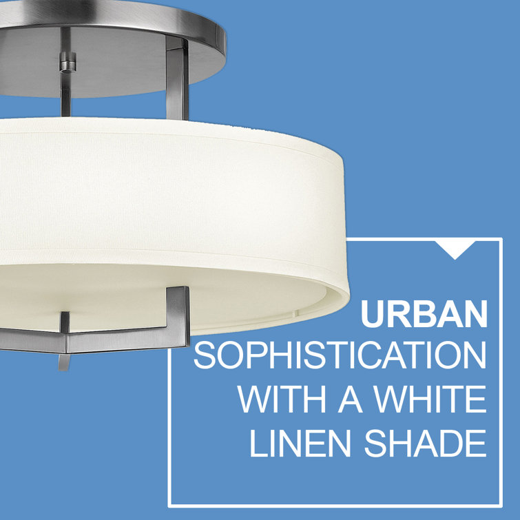 Hampton 20" Antique Nickel 3-Light Transitional Semi-Flush Mount with Off-White Linen Shade