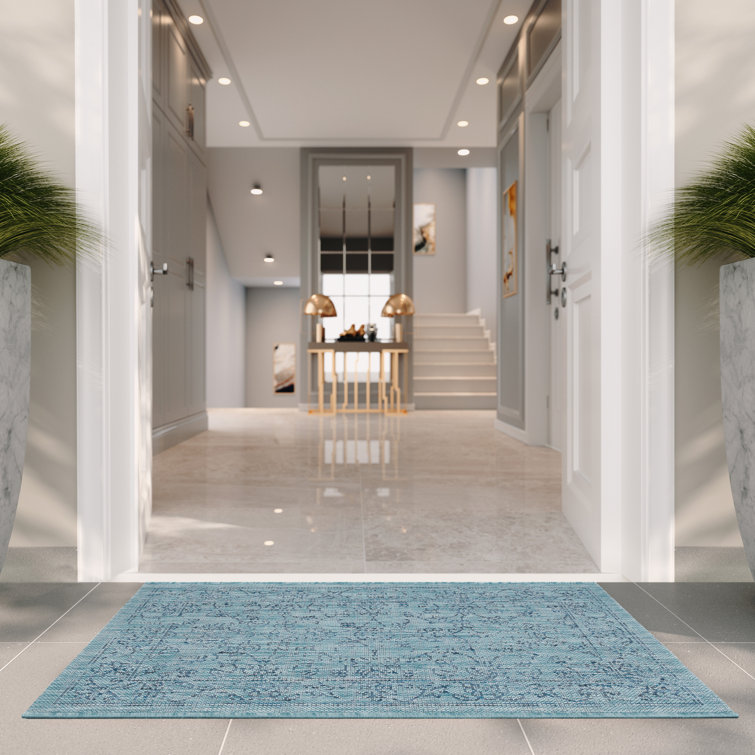 Aqua and Navy Botanical Non-slip Indoor/Outdoor Area Rug