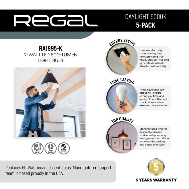 Regal 60 Watt Equivalent A19 Multicolor LED Light Bulb 5-Pack