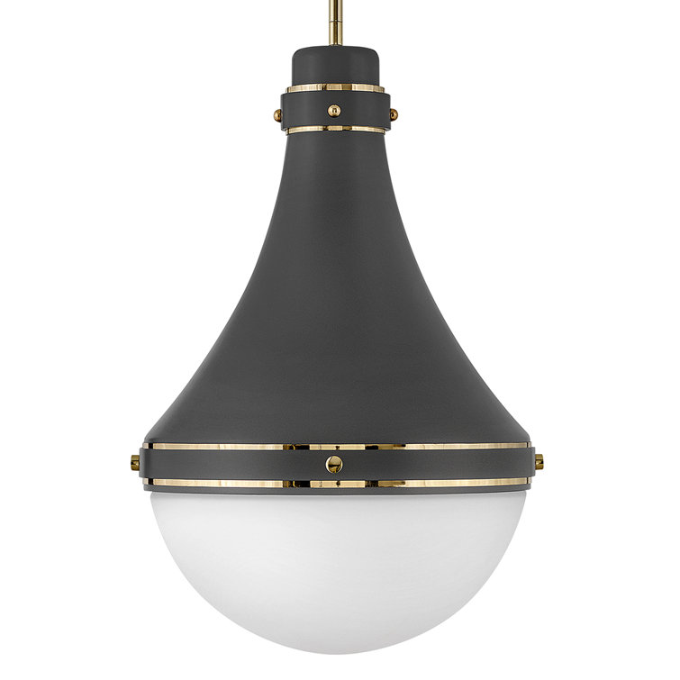 Oliver Transitional 1-Light 21.25" Dark Matte Grey Pendant with Bright Brass Accents and Etched Opal Glass