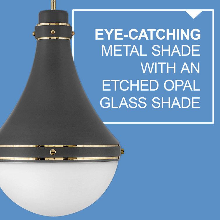 Oliver Transitional 1-Light 21.25" Dark Matte Grey Pendant with Bright Brass Accents and Etched Opal Glass