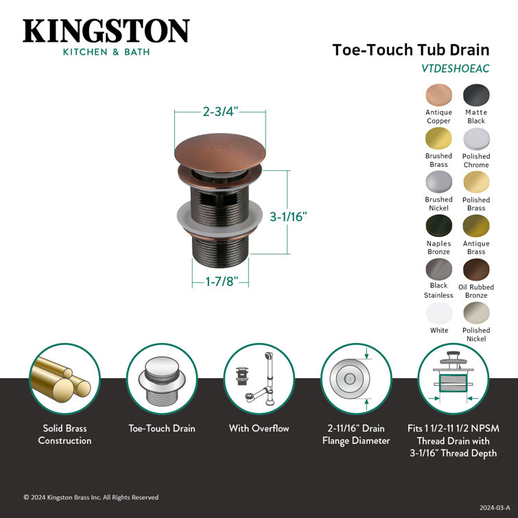 Polished Chrome Brass Toe-Touch Tub Drain with Overflow
