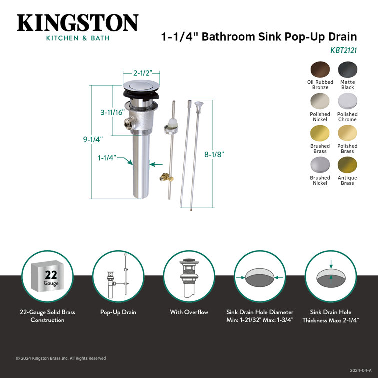 Brushed Brass 16.25" Pop-Up Bathroom Sink Drain with Overflow