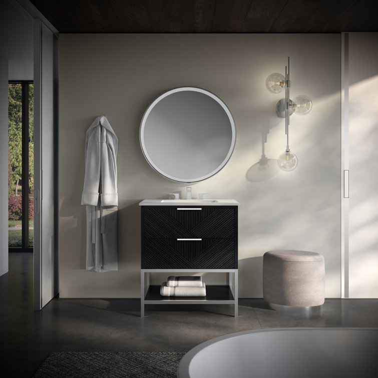 Diamond 30'' Walnut and Matte Black Single Bathroom Vanity with Calacatta Quartz Top