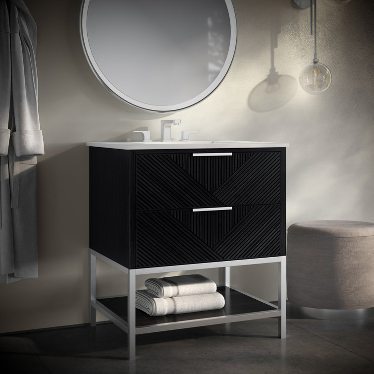 Diamond 30'' Walnut and Matte Black Single Bathroom Vanity with Calacatta Quartz Top