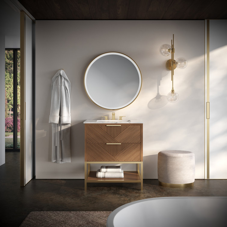 Diamond 30'' Walnut and Matte Black Single Bathroom Vanity with Calacatta Quartz Top