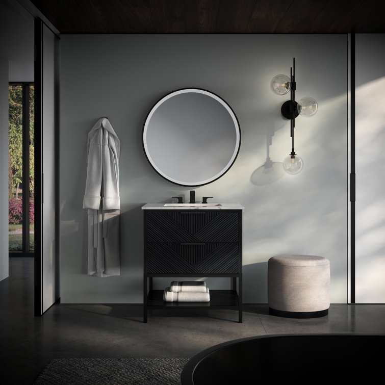 Diamond 30'' Walnut and Matte Black Single Bathroom Vanity with Calacatta Quartz Top
