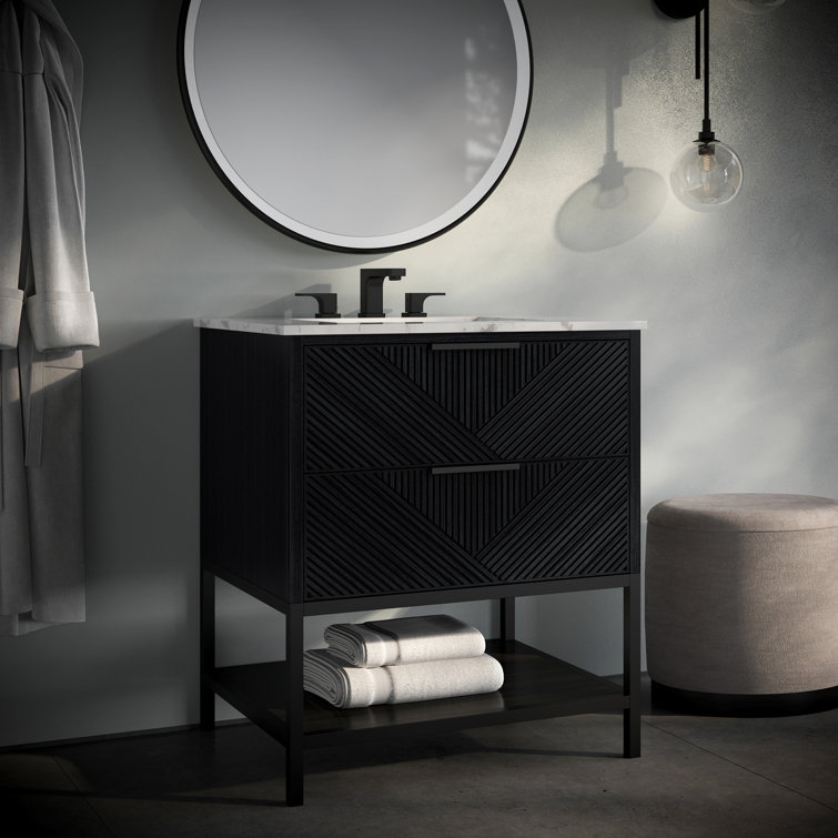 Diamond 30'' Walnut and Matte Black Single Bathroom Vanity with Calacatta Quartz Top