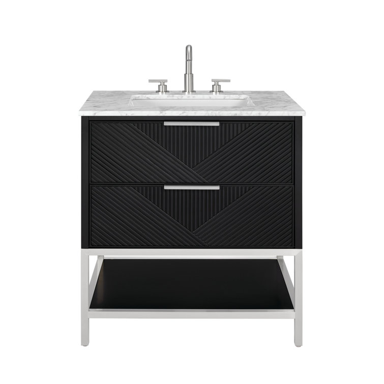 Diamond 30'' Walnut and Matte Black Single Bathroom Vanity with Calacatta Quartz Top