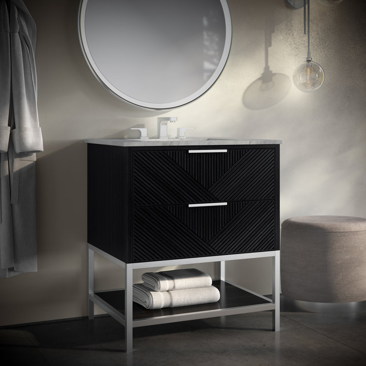 Diamond 30'' Walnut and Matte Black Single Bathroom Vanity with Calacatta Quartz Top