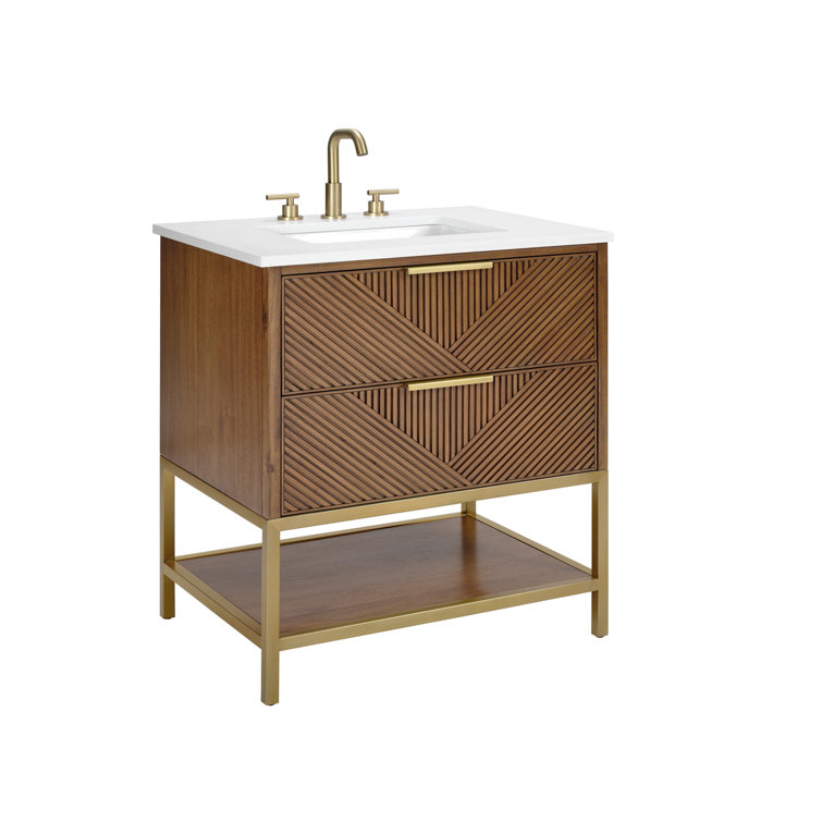 Diamond 30'' Walnut and Matte Black Single Bathroom Vanity with Calacatta Quartz Top