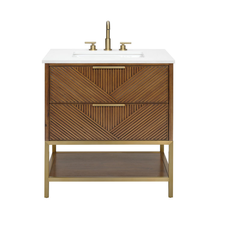 Diamond 30'' Walnut and Matte Black Single Bathroom Vanity with Calacatta Quartz Top