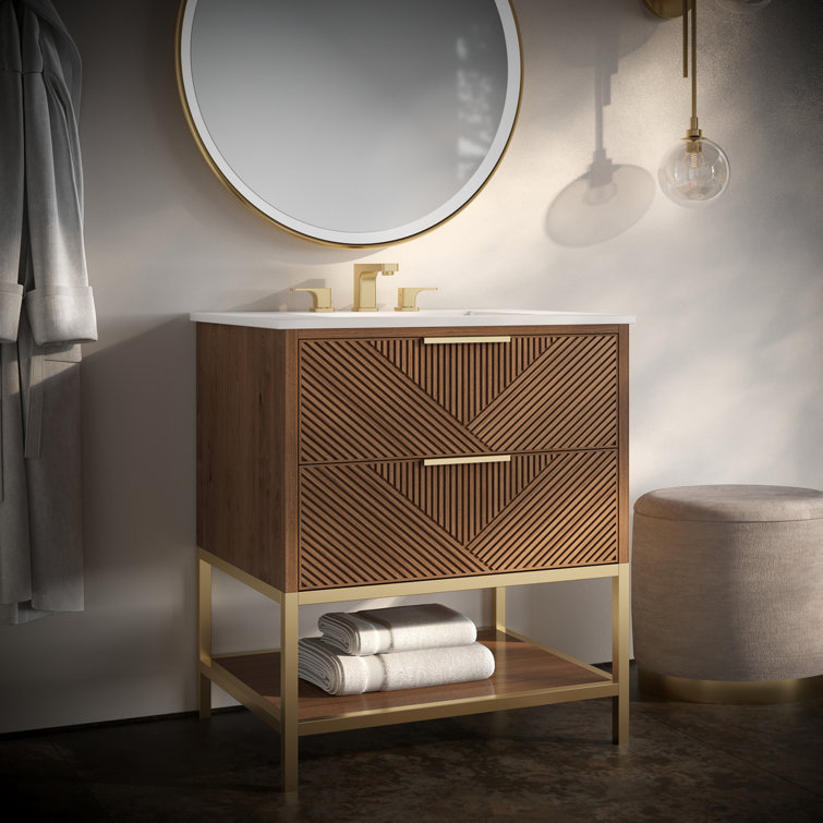 Diamond 30'' Walnut and Matte Black Single Bathroom Vanity with Calacatta Quartz Top