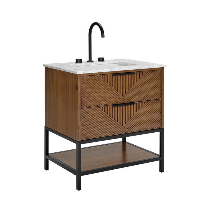 Diamond 30'' Walnut and Matte Black Single Bathroom Vanity with Calacatta Quartz Top