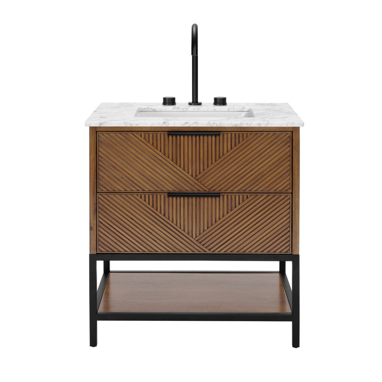 Diamond 30'' Walnut and Matte Black Single Bathroom Vanity with Calacatta Quartz Top
