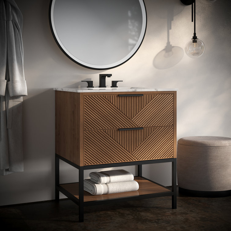 Diamond 30'' Walnut and Matte Black Single Bathroom Vanity with Calacatta Quartz Top