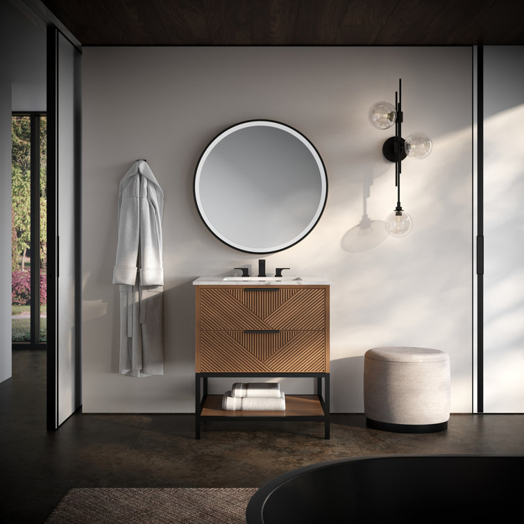 Diamond 30'' Walnut and Matte Black Single Bathroom Vanity with Calacatta Quartz Top