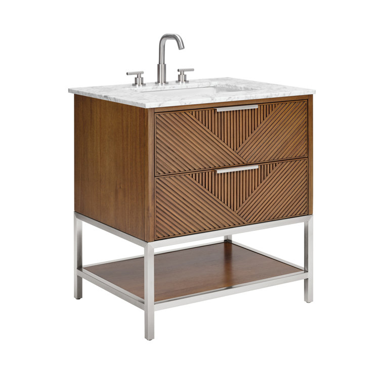 Diamond 30'' Walnut and Matte Black Single Bathroom Vanity with Calacatta Quartz Top
