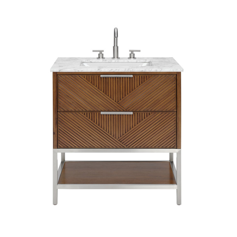 Diamond 30'' Walnut and Matte Black Single Bathroom Vanity with Calacatta Quartz Top